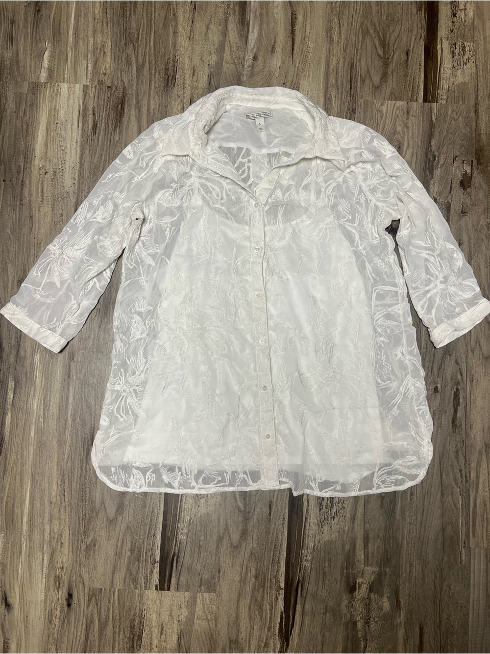 Dana Buchman White Floral Lace Embroidered Button Up Lined Top Blouse L